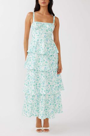 Arolora Floral Print Tie-up Tiered Midi Dress