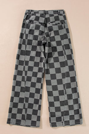 Arolora checkered-high-waist-denim-wide-leg-jeans