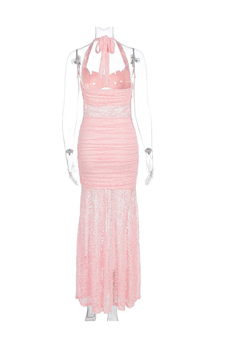 Halterneck Lace Patchwork Ruched Dress