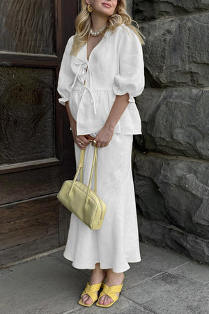 Puff Sleeve Tie-up Ruffle Cotton Shirt Skirt Set
