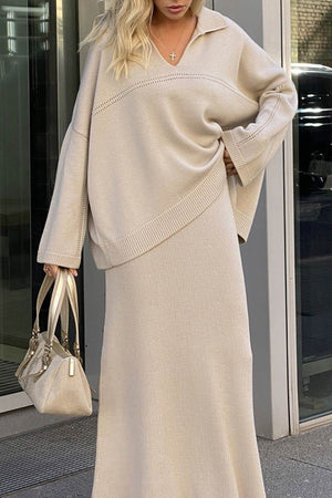 Lapel V Neck Sweater Skirt Set