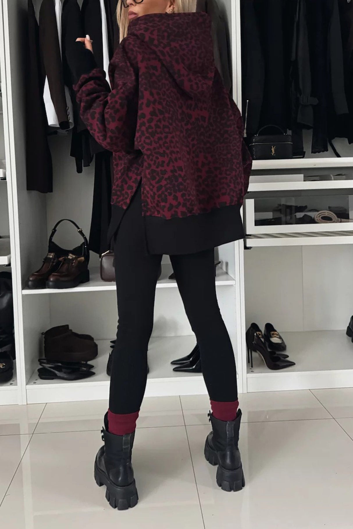 Printed Slit Hem Hoodie Leeging Set