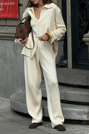 Lapel Button-down Ribbed Knit Two-piece Set