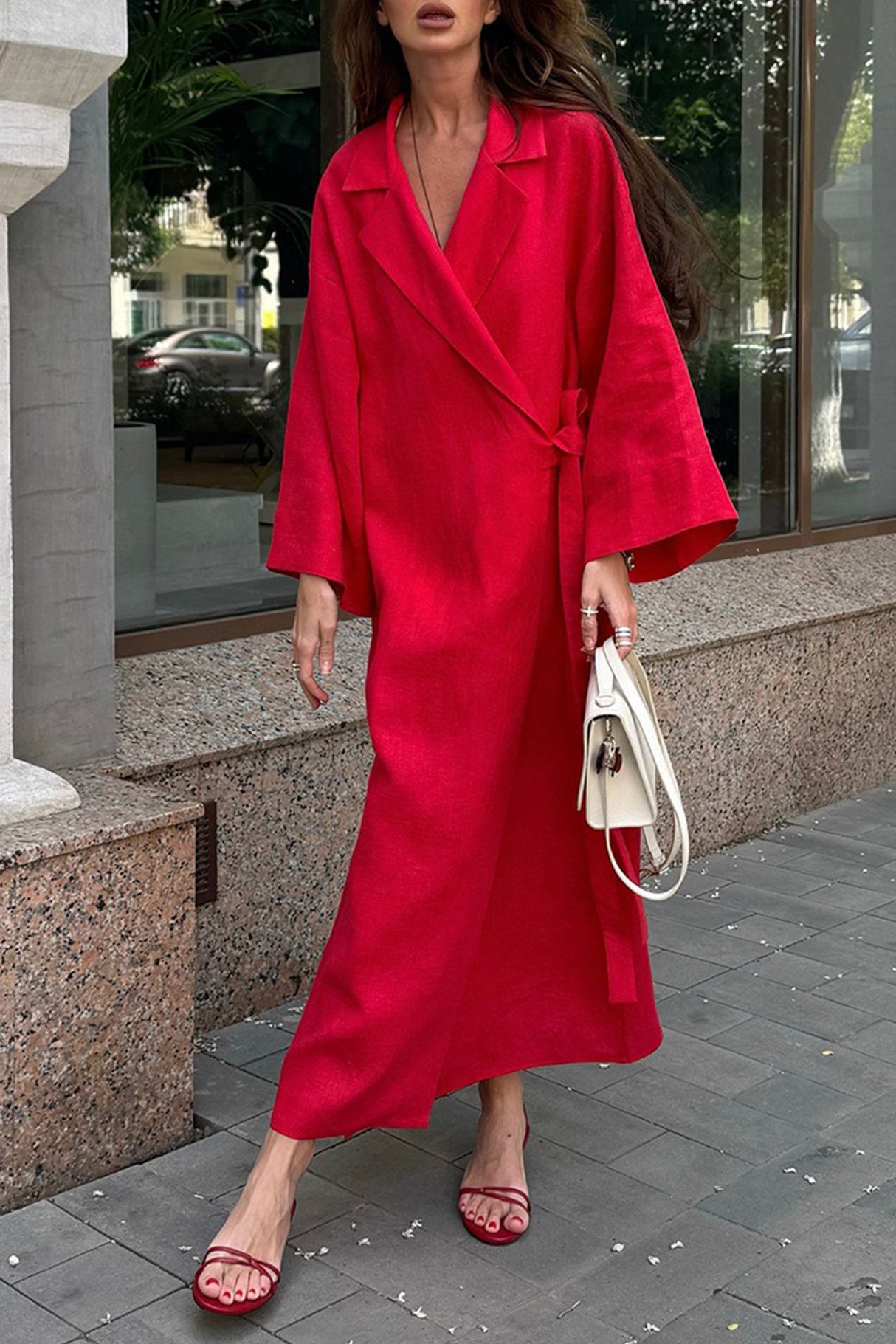 Lapel Tie-up Cotton Linen Dress