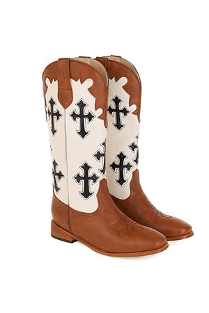 Cross Pattern Square Toe Knee High Boots