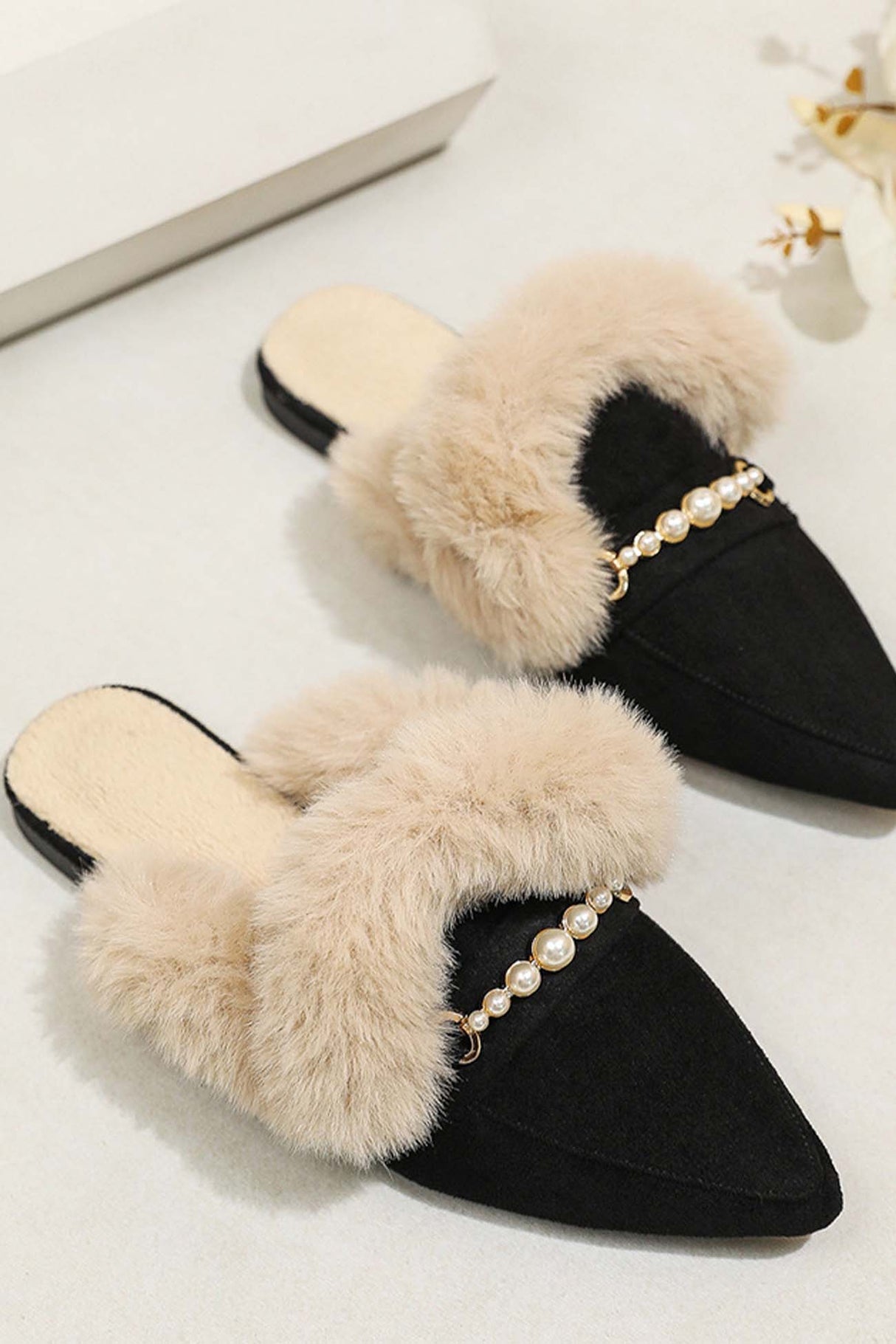 Pearl Plush Pointed-Toe Loafer Mules
