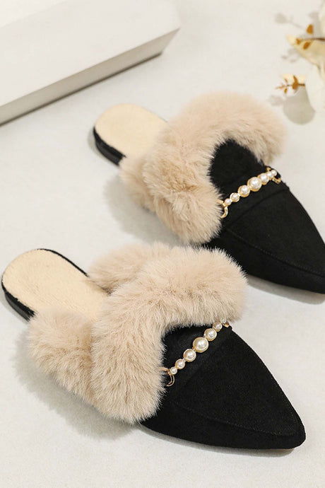 Pearl Plush Pointed-Toe Loafer Mules