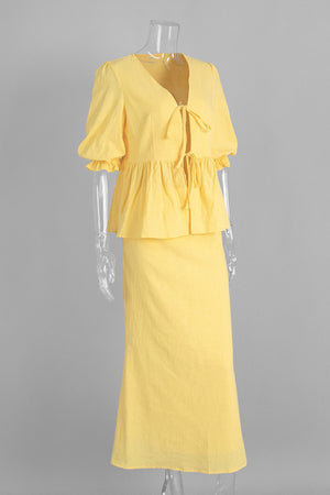 Puff Sleeve Tie-up Ruffle Cotton Shirt Skirt Set