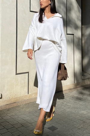 Lapel V Neck Sweater Skirt Set