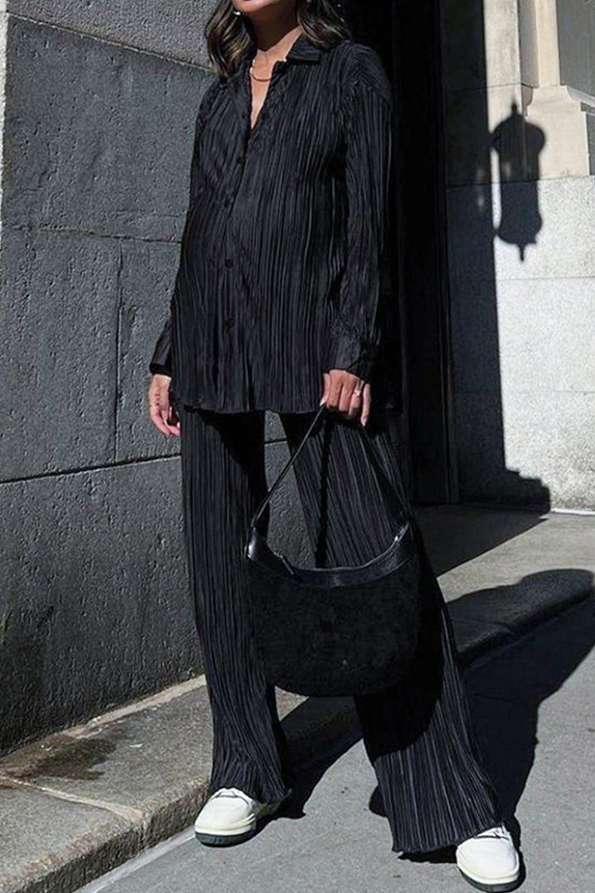 Pleated Shirt Wide Leg Pants Set