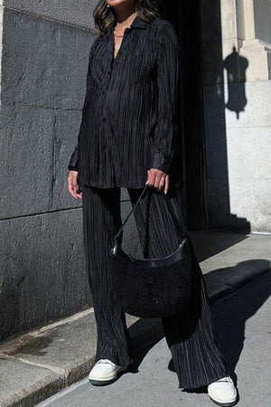 Pleated Shirt Wide Leg Pants Set