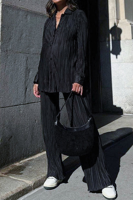 Pleated Shirt Wide Leg Pants Set