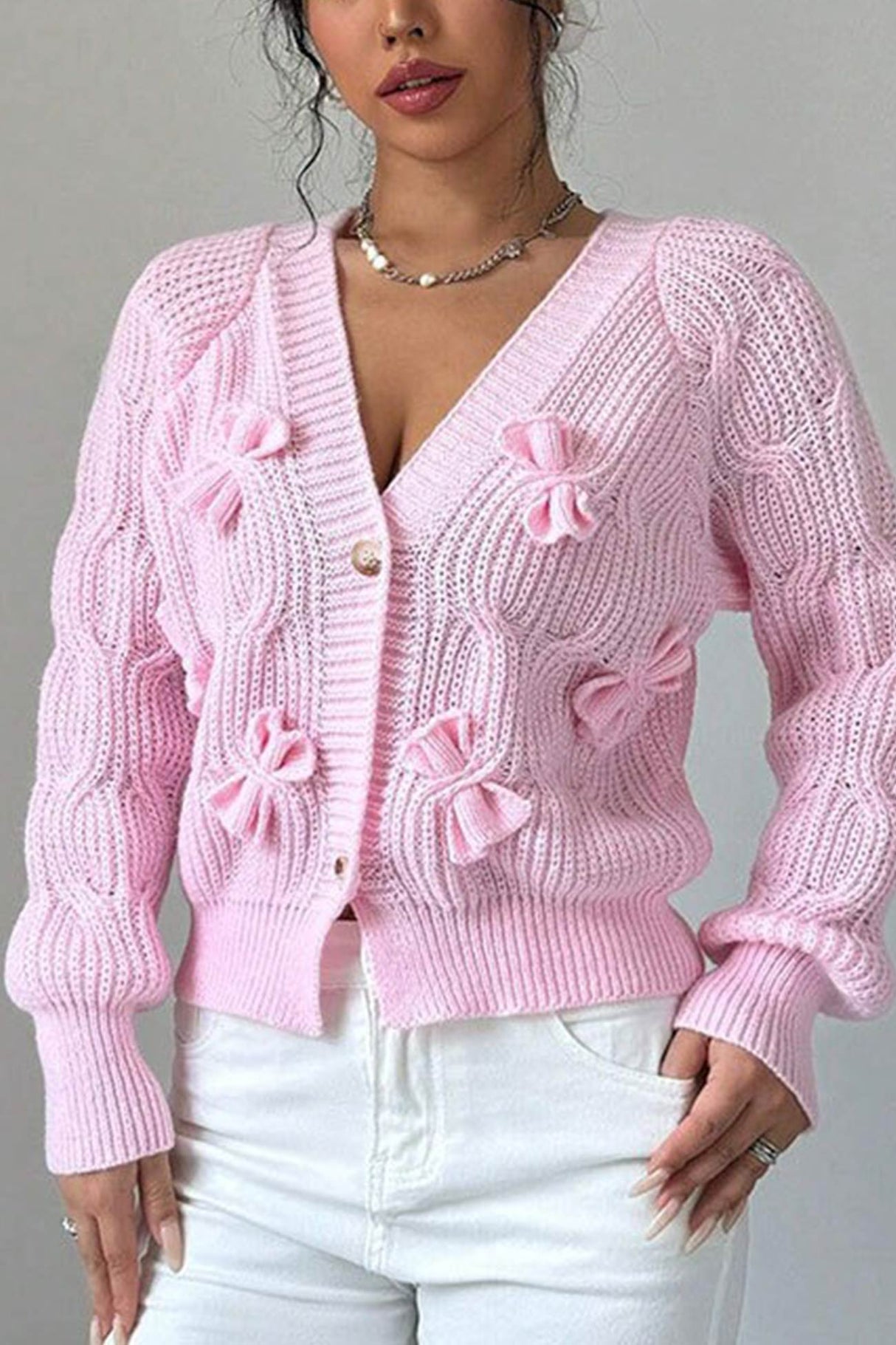 Bow Lantern Sleeve Button-down Cardigan