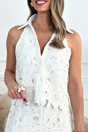 Lapel Hollow Out Lace Vest Pants Set