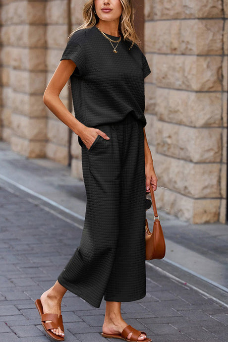 Solid Color Lattice Texture T-shirt Pants Set