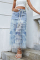 Mesh Patchwork High Rise Tiered Denim Skirt