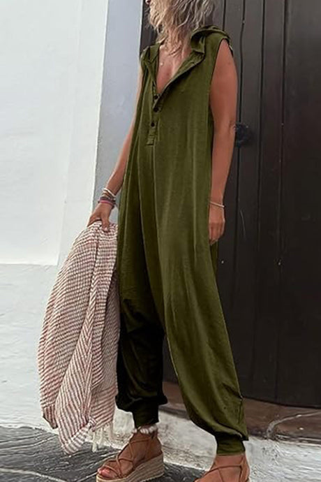 Single-breasted Sleeveless Hooded Jumpsuit