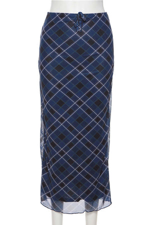 Blue Check High Waist Midi Skirt