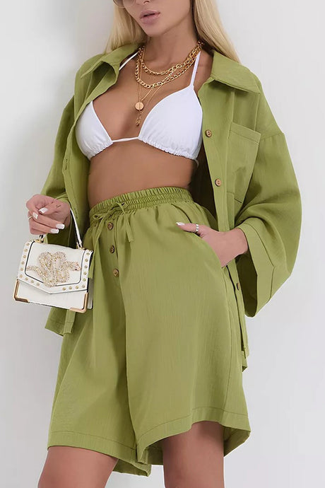 Solid Color Shirt Single-breasted Bermuda Shorts Set