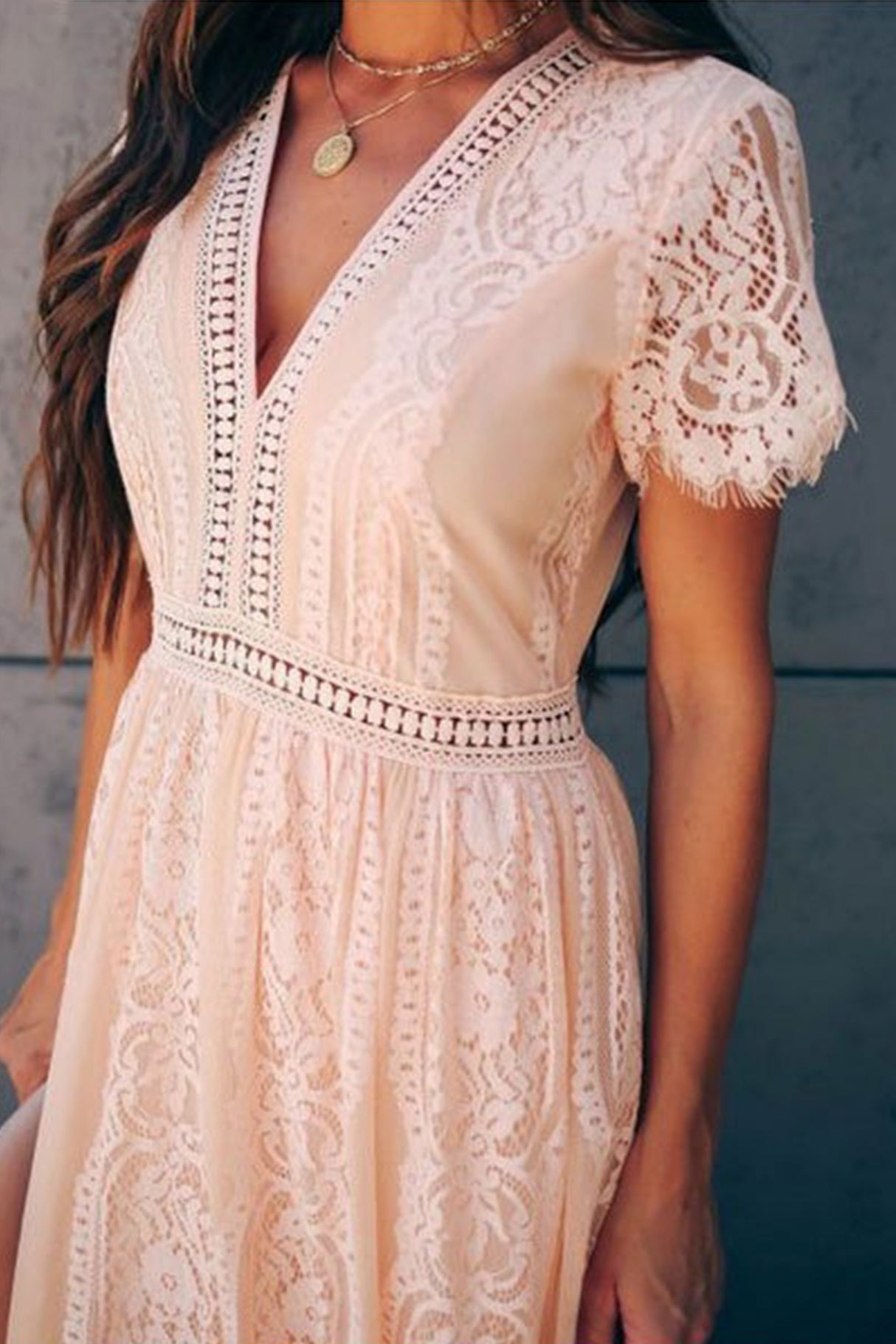 V Neck Lace Embroidery Maxi Dress