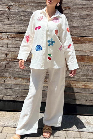 Embroidery Long Sleeve Two-piece Blouse Set