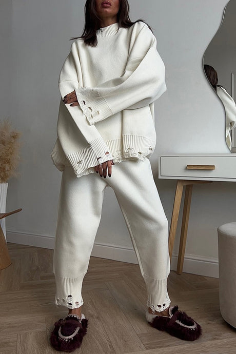 Raw Edge Crew Neck Sweater Set