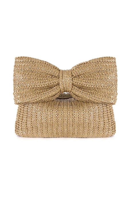 Arolora Bow Hand Made Straw Woven Clutch