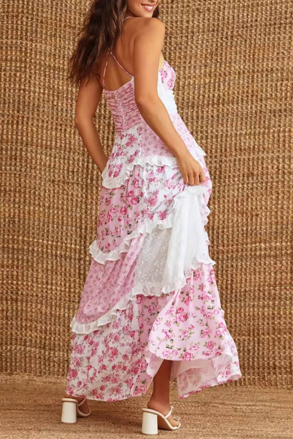 Arolora Floral Print Lace Patchwork Cami Dress