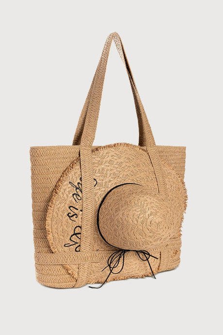 Arolora Handmade Solid Color Straw Bag With Hat