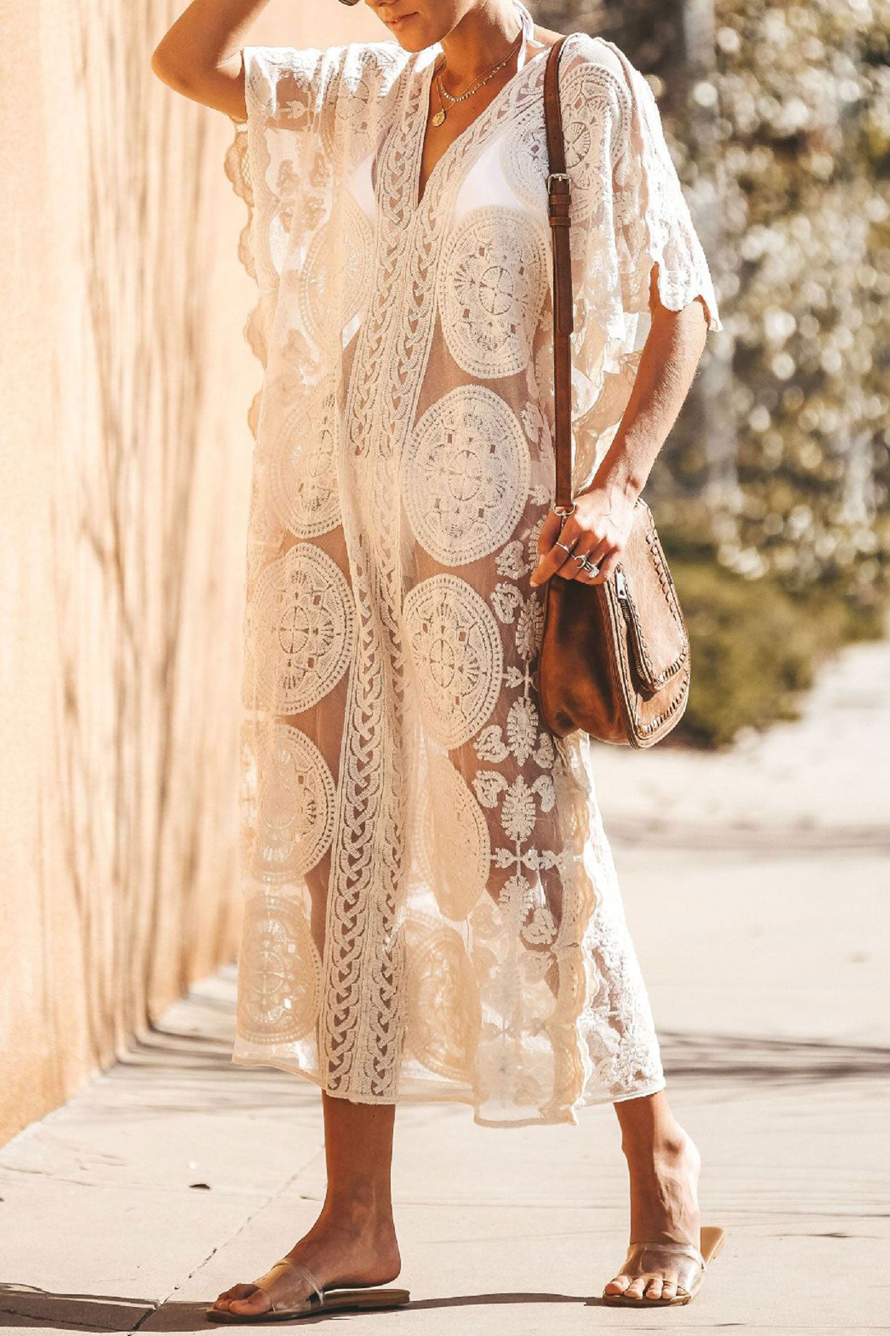 Arolora V-Neck Lace Embroidery Cover-up Dress