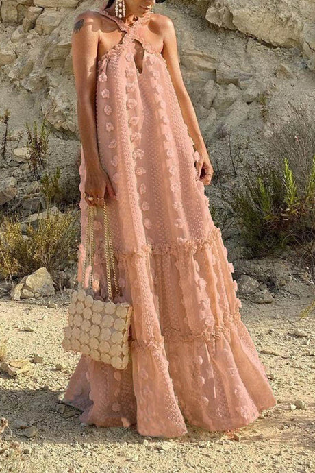 Arolora 3D Floral Criss-cross Halterneck Maxi Dress