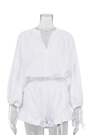 Arolora V-neck Lantern Sleeve Cotton Shirt Set