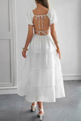 Arolora Low Cut Puff Sleeve Backless Tiered Dress