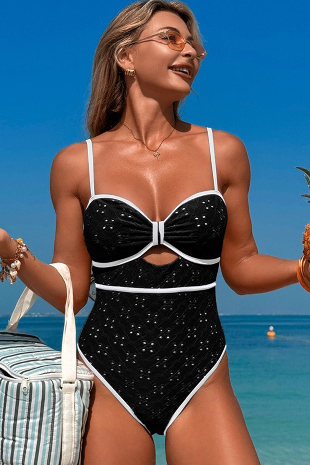 Arolora Vintage Textured Hollow-Out One-Piece Swimsuit