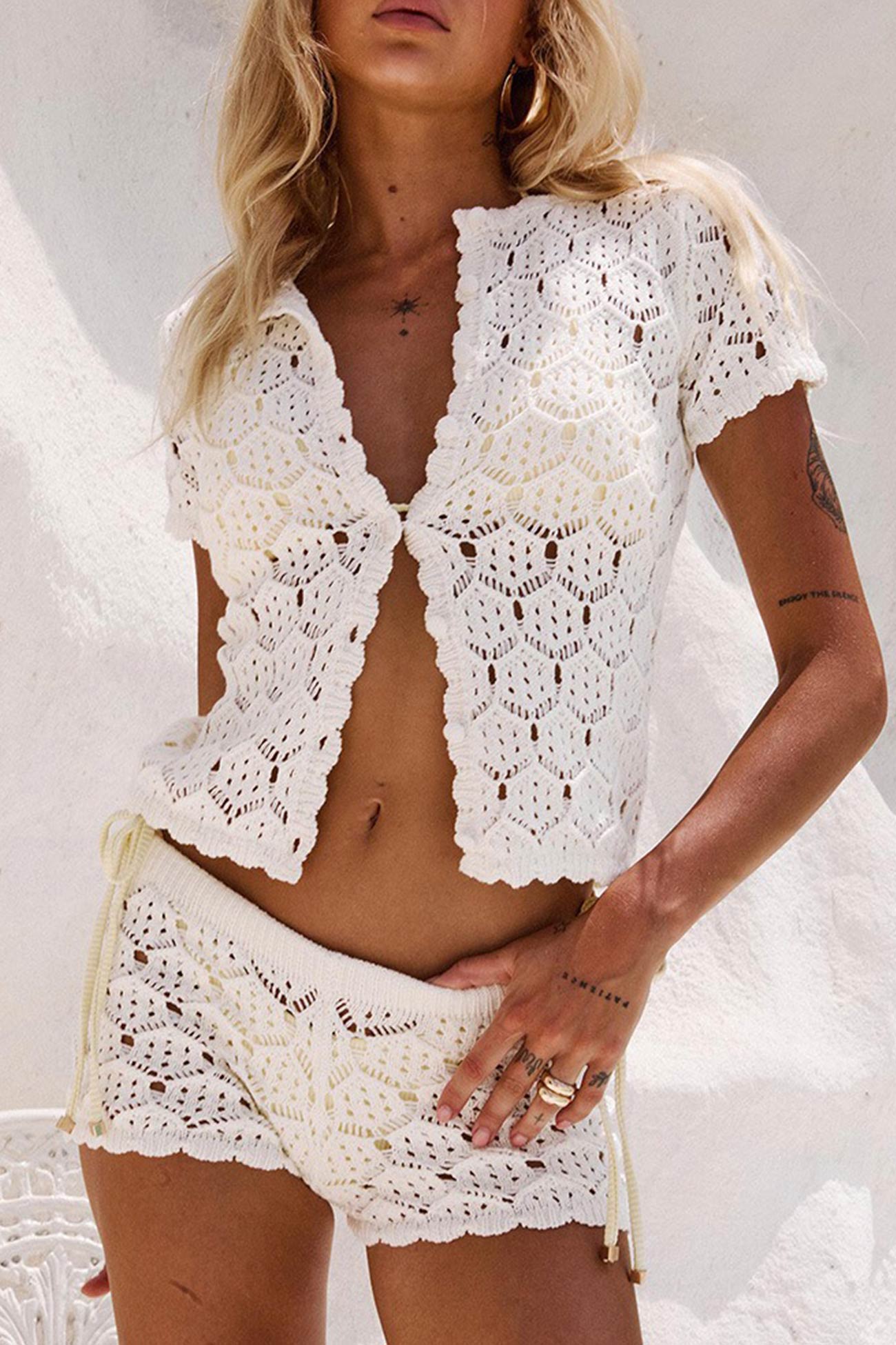 Arolora Hollow-out Jacquard Blouse Cover-up Set