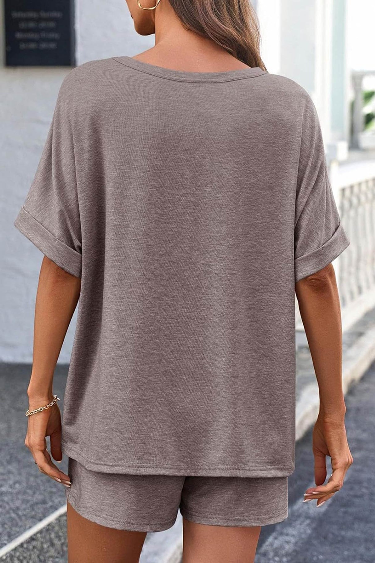 Arolora Solid Color Bat Sleeve T-shirt Shorts Set