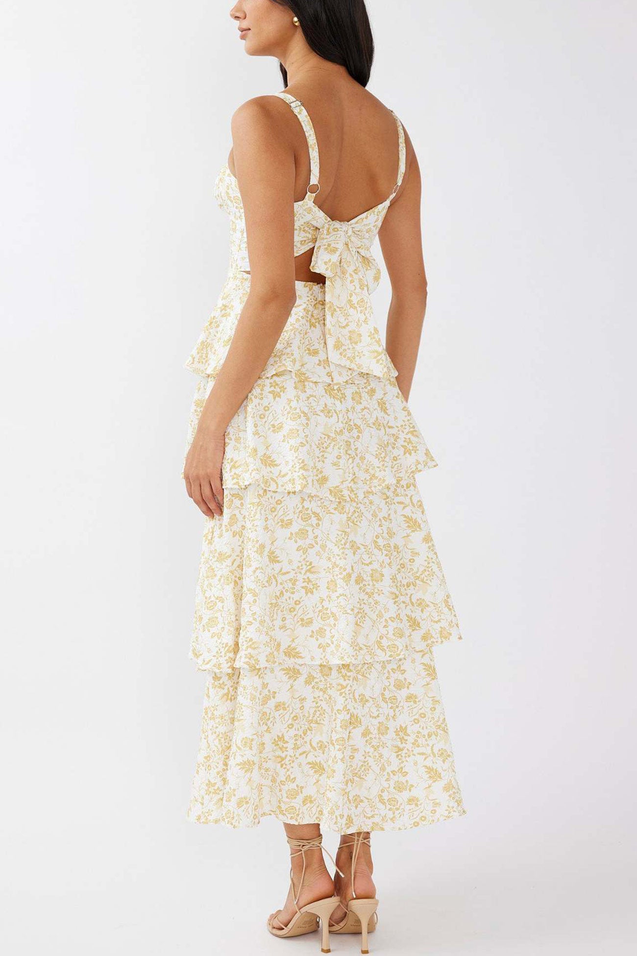 Arolora Floral Print Tie-up Tiered Midi Dress
