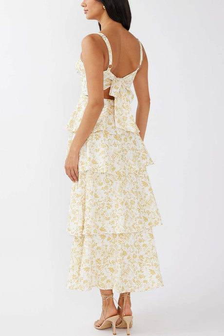 Arolora Floral Print Tie-up Tiered Midi Dress