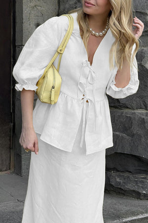 Puff Sleeve Tie-up Ruffle Cotton Shirt Skirt Set
