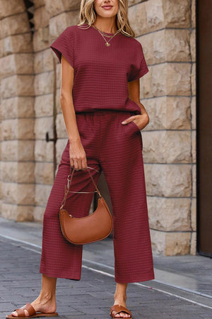 Solid Color Lattice Texture T-shirt Pants Set