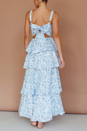 Arolora Floral Print Tie-up Tiered Midi Dress