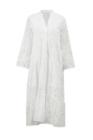 V Neck Flares Sleeve Embroidery Cotton Dress