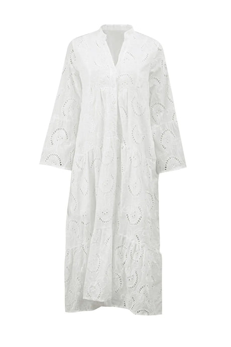 V Neck Flares Sleeve Embroidery Cotton Dress