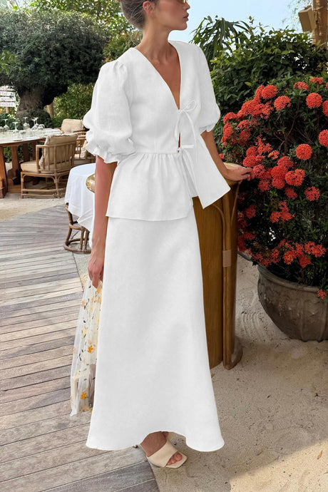 Puff Sleeve Tie-up Ruffle Cotton Shirt Skirt Set