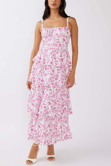 Arolora Floral Print Tie-up Tiered Midi Dress