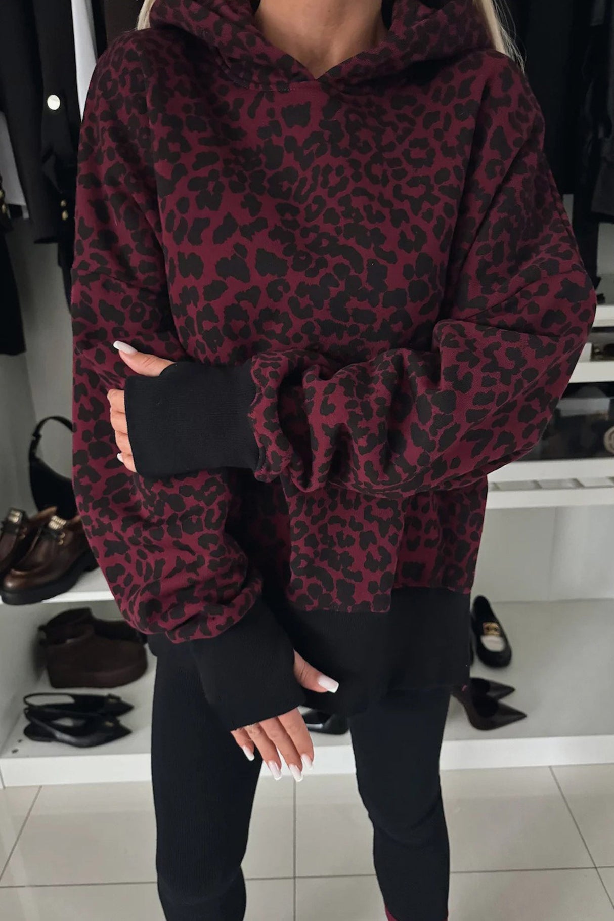 Printed Slit Hem Hoodie Leeging Set