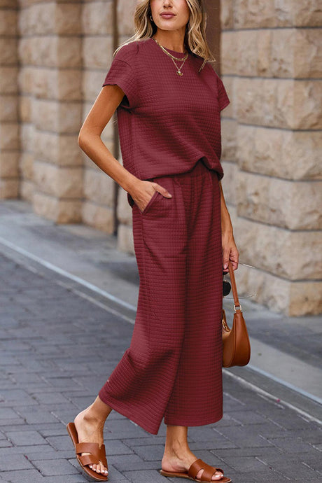 Solid Color Lattice Texture T-shirt Pants Set