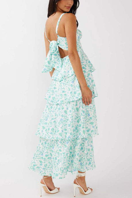 Arolora Floral Print Tie-up Tiered Midi Dress