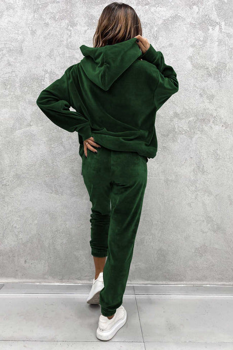 Velour Solid Color Hoodie Long Pants Set