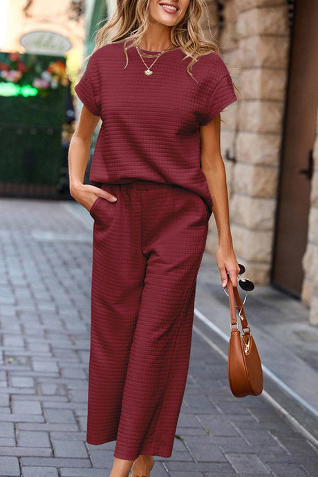 Solid Color Lattice Texture T-shirt Pants Set